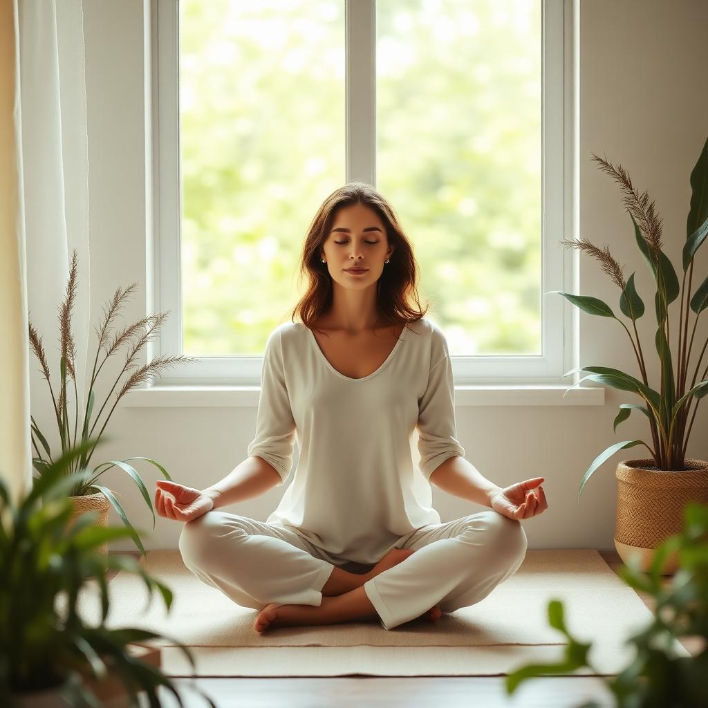 Mulher meditando em ambiente tranquilo com plantas e luz natural